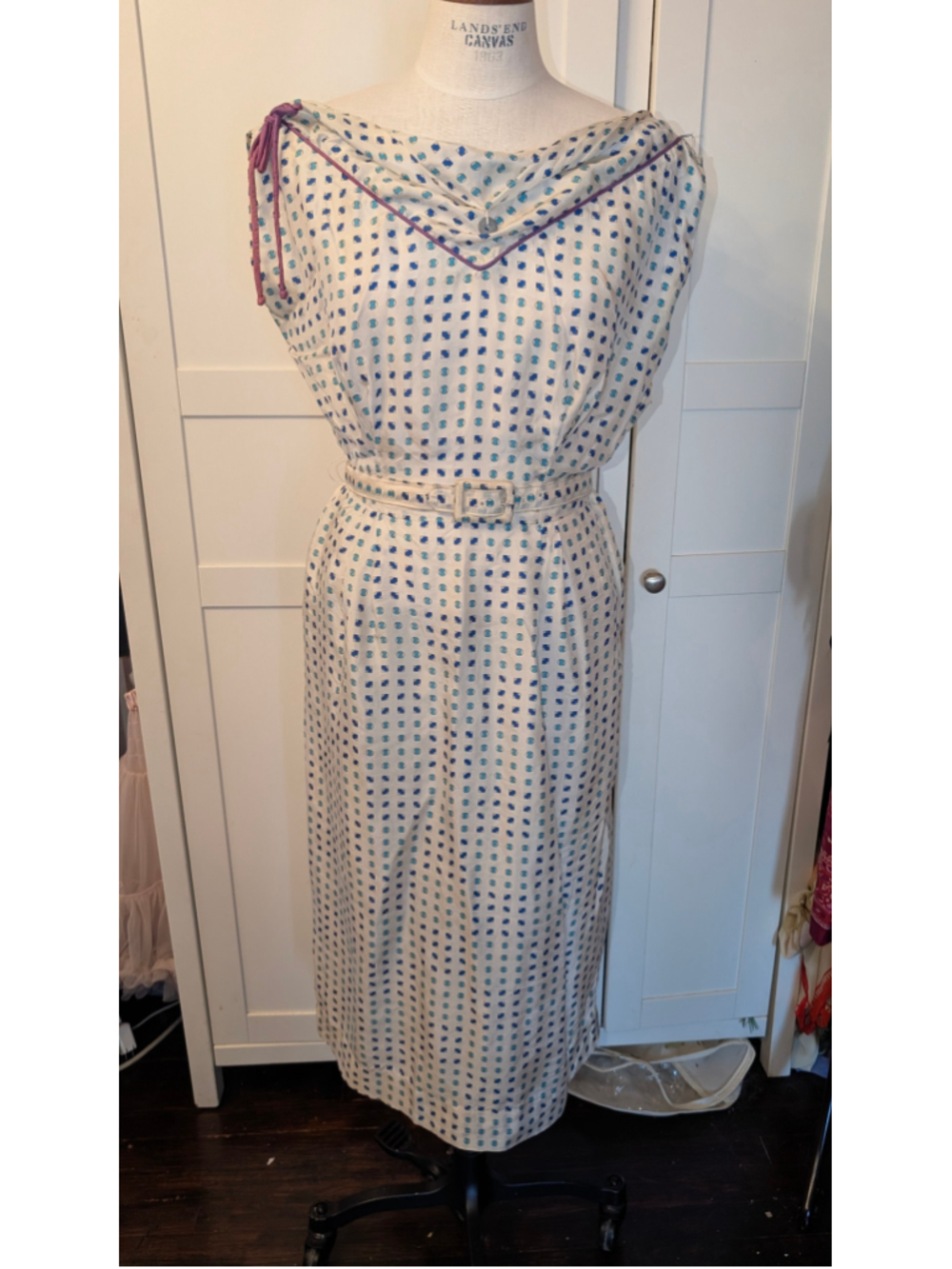 1950s silk Vintage Geometric Print Midi Dress, White and Blue